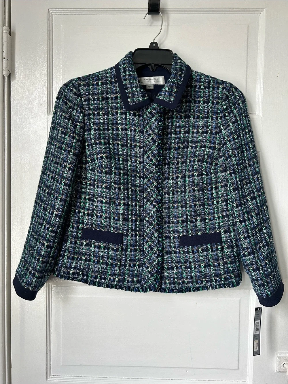Textured Navy and Green Tweed Women's Blazer and Skirt Set | 6